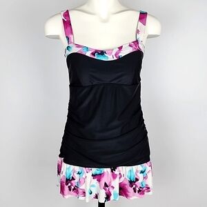 Krista One Piece Black Pink Blue Floral Skirted Swimsuit Rusched  Waist Size 14